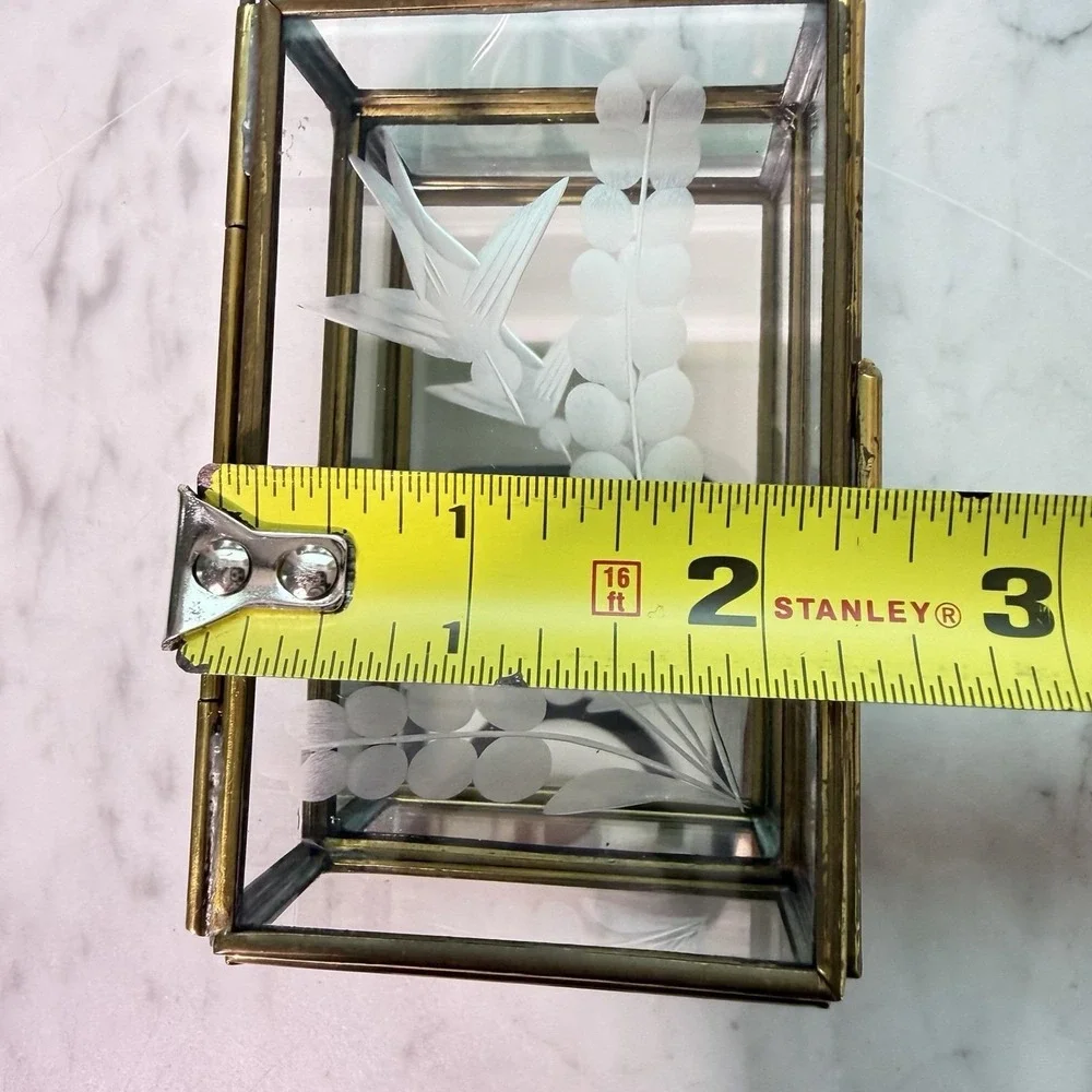 Vintage 80s Mexican Brass Etched Glass Swallow Trinket Box‎ Bird Vanity Mirror